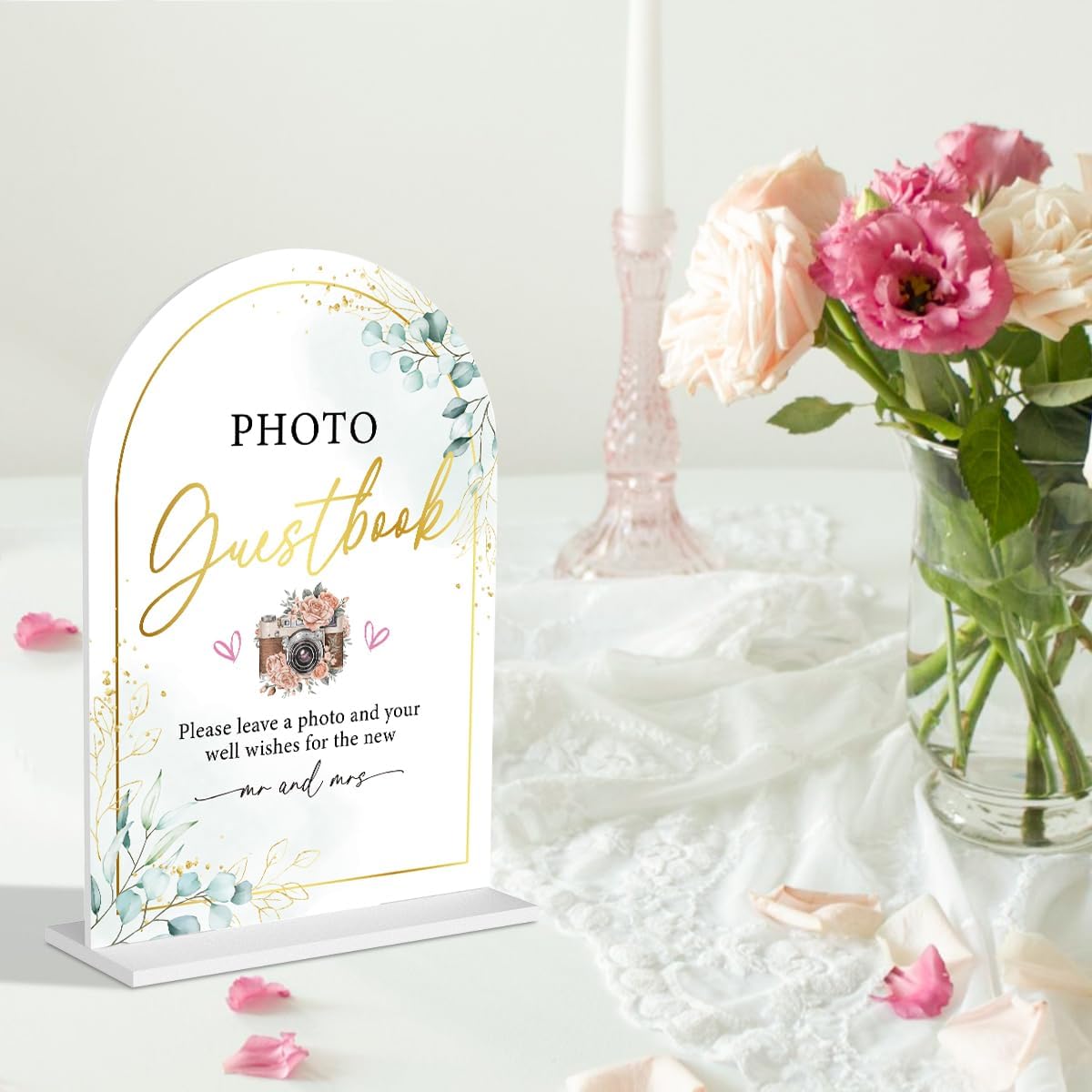 Acrylic Wedding Sign for Ceremony & Reception - 5x7 Inch White Guest Book, Photo Guest Book, Cards & Gifts - Wedding Decor Bundle