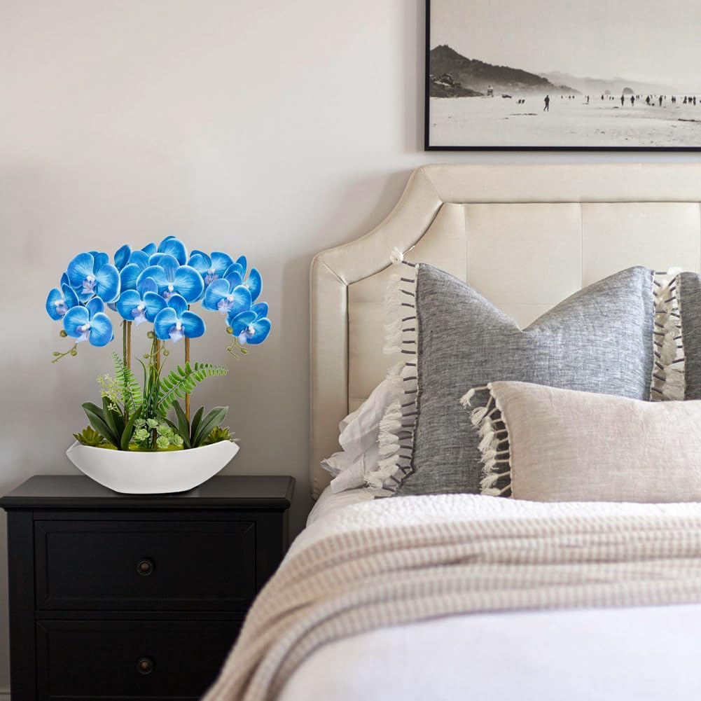 Briful Blue Orchid Artificial Flowers 18in Fake Orchid Silk Flowers with Ceramic Pot Faux Orchid Arrangement for Home Office Room Coffee Table Shelf Modern Decoration