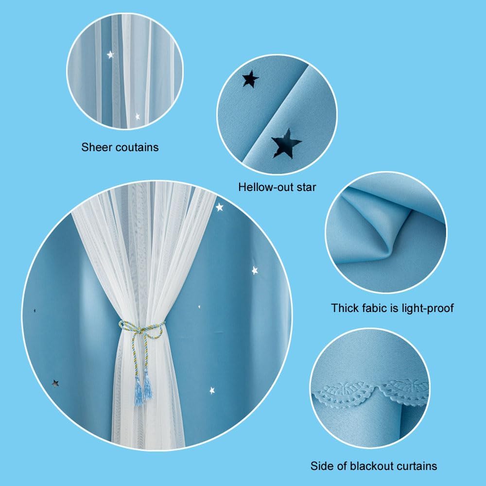 FANLI 2 Panels Star Blackout Curtains for Kid Girls Bedroom Living Room Darking Stripe Double Layer Star Cut Out Wall Home Decor Gradient Grommet Window Curtains (Blue 95L)