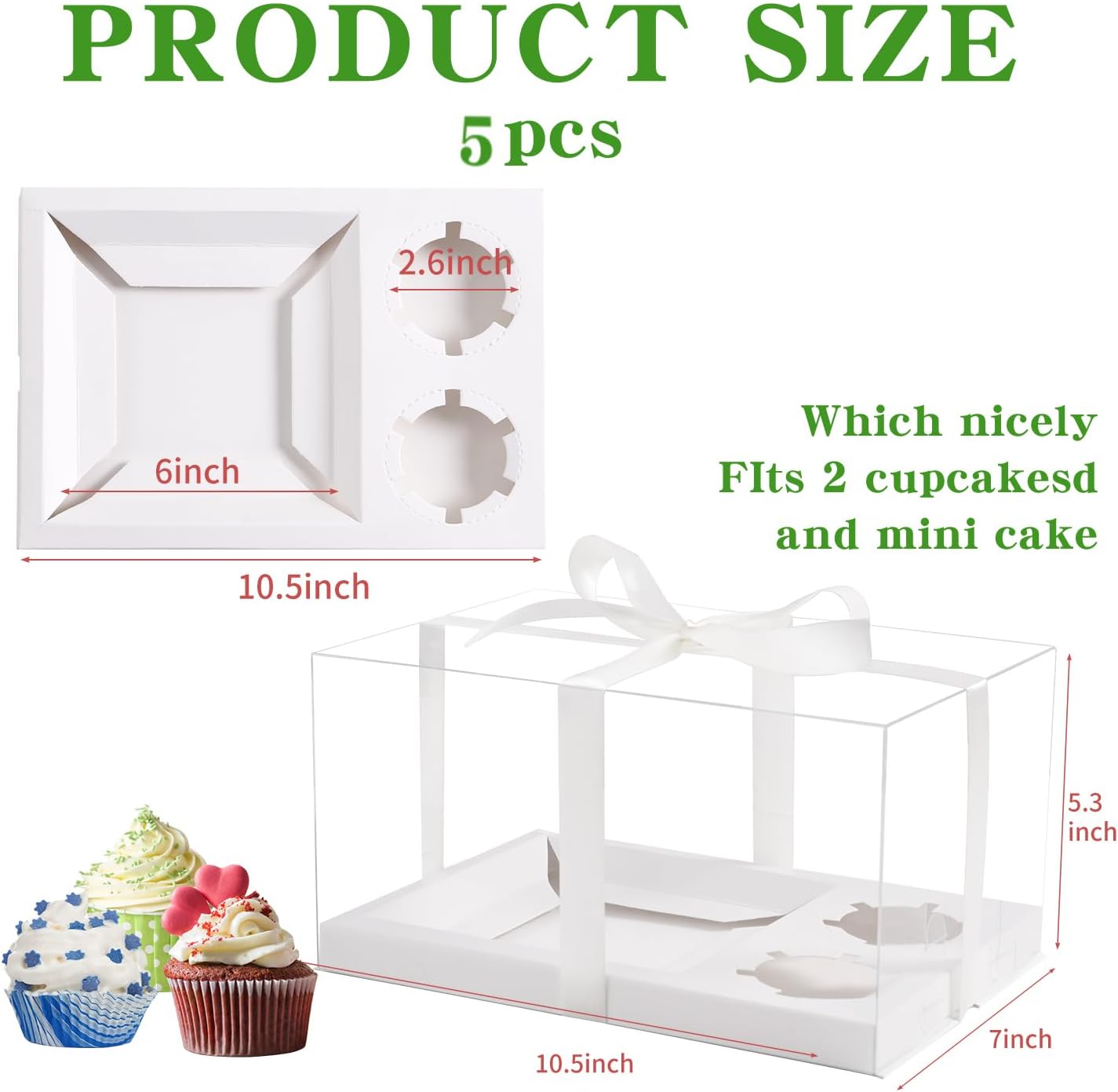 5 Pack Bento Cake and Cupcake Box with Gift Ribbon,Clear Window 1+2 Combination Bento Boxes,4-5in cake and 2 Cupcakes Combo Box Rectangle Cupcake Holder for Birthday Party Baking Supplies (1+2/5Pcs)