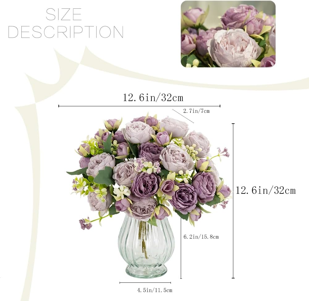 Artificial Peonies Silk Flowers in Glass Vase Faux Flowers Bouquets Modern Penoy Arrangement 4 Pack for Home Decoration Table Centerpiece (Purple)