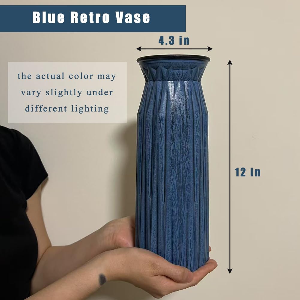 Blue Antique Vase, 12 Inches Elegant Vintage Glass Vase Rustic European Unique Chic Style for Tabletop, Kitchen, Office, Living Room Decoration