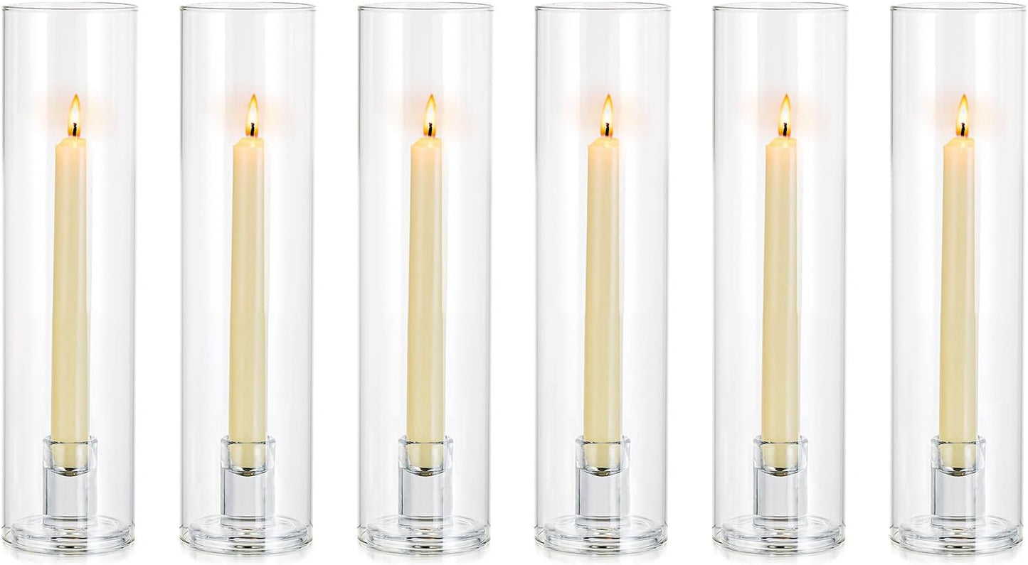 NUPTIO Candle Stick Candle Holder: Clear Glass Hurricane Candlestick Holders - Set of 6 Modern Taper Candle Stand with 11.8 inch Long Chimney Cover for Thanksgiving Christmas Fireplace Table Decor