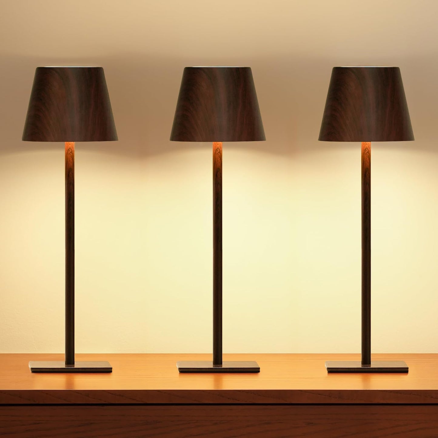UME 3 Pack Cordless Table Lamp, Battery Operated Lamp - Portable Waterproof Rechargeable Table Lamp w/ 3 Color Temps & Stepless Dimming for Dinner, Desk, Cafe, Outdoor (Woodgrain)