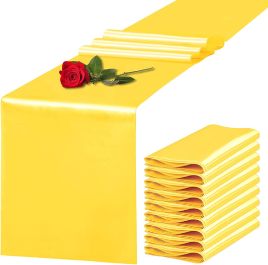 10 Pack Satin Table Runner 12 x 108 Inch Long Yellow Silk Table Runner for Wedding Party Banquet Birthday Decoration