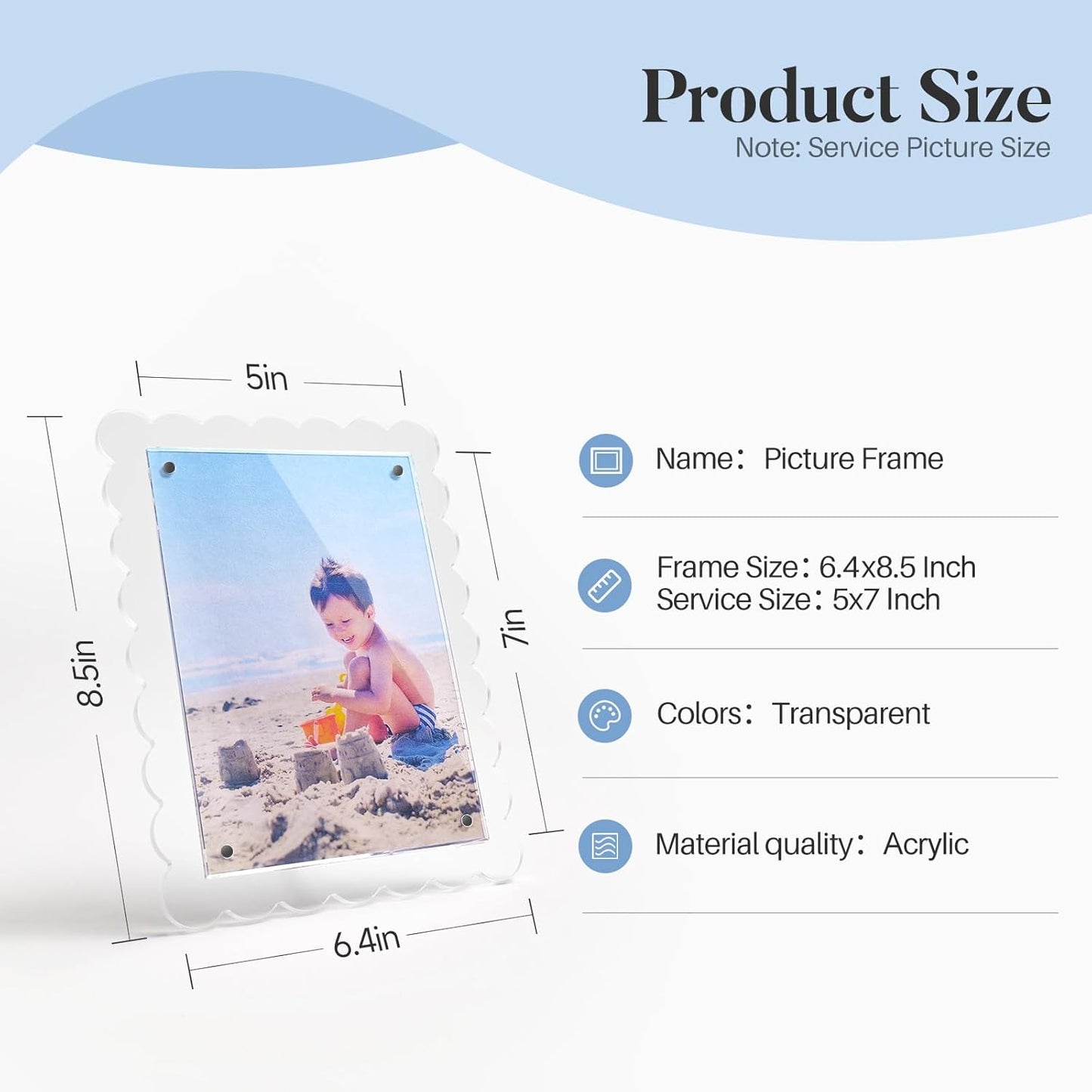 Cuspin 5x7 Acrylic Frames Set of 2 Scalloped Picture Frame, Clear Magnetic Acrylic Photo Frames with Dual Kickstand Holes for Vertical and Horizontal Display