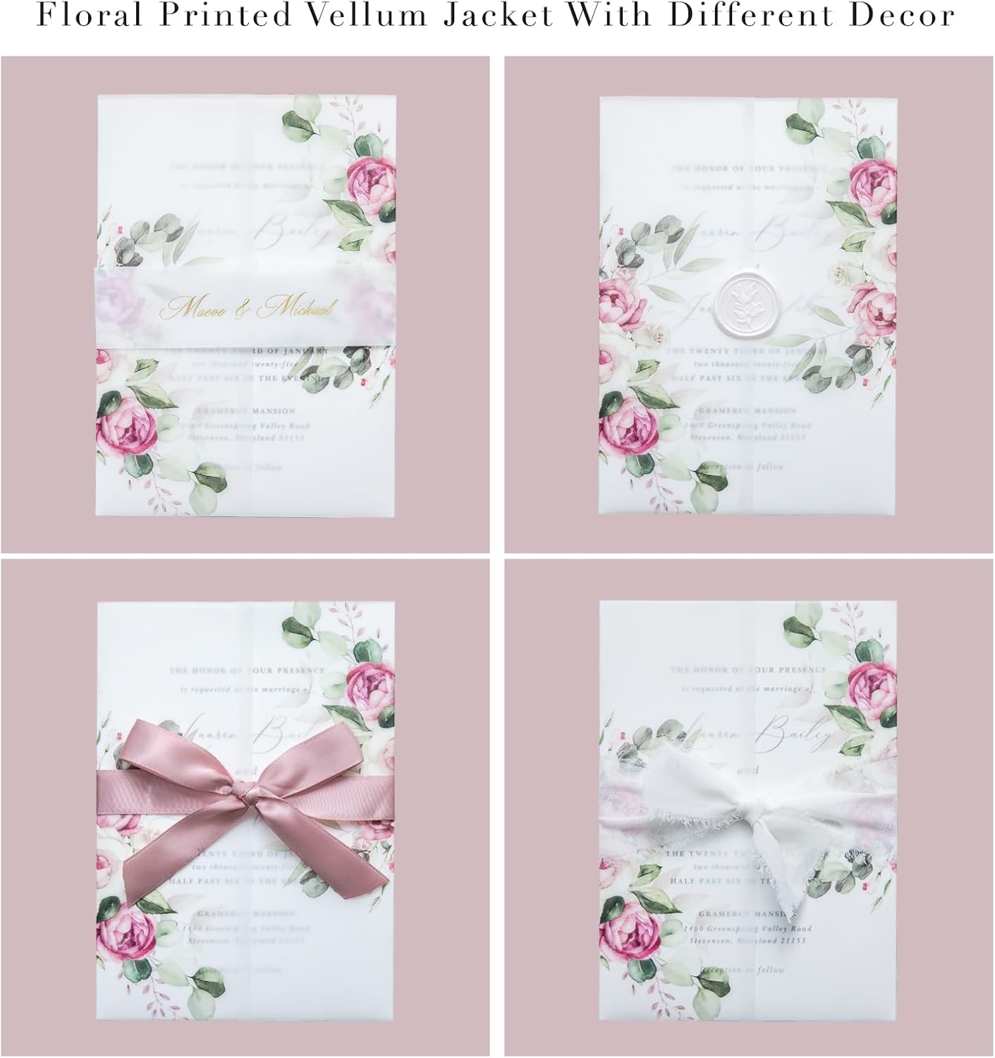 PONATIA 50 PCS Vellum Jackets for 5x7 Invitation Cards - Dusty Rose Flowers Vellum Sleeves, Transparent Gift Card Jackets
