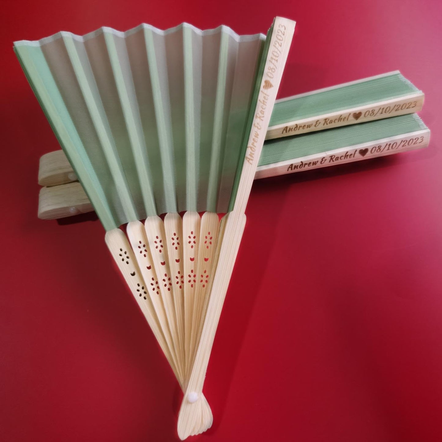 Personalized Wedding Fans Handheld Folding Fans (3Pcs) - Custom Engraved Green Silk Fans for Bridal Shower Favor/Baby Shower Favor, Birthdays Party Gifts/Gifts for Party Guests