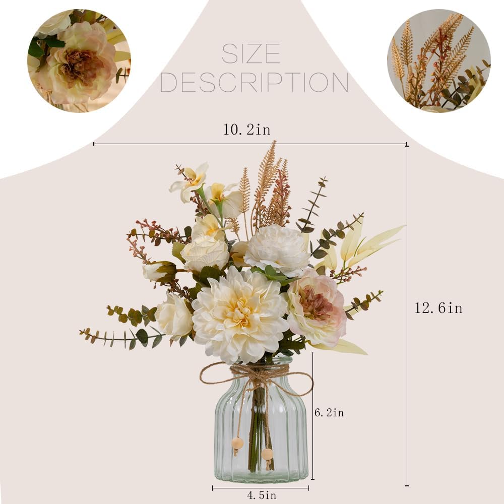 LESING Dahlia Flower Aritificial Flower with Vase Fake Silk Flowers in Glass Vase Faux Rose Flowers Arrangement for Home Office Table Centerpiece Decoration (White)