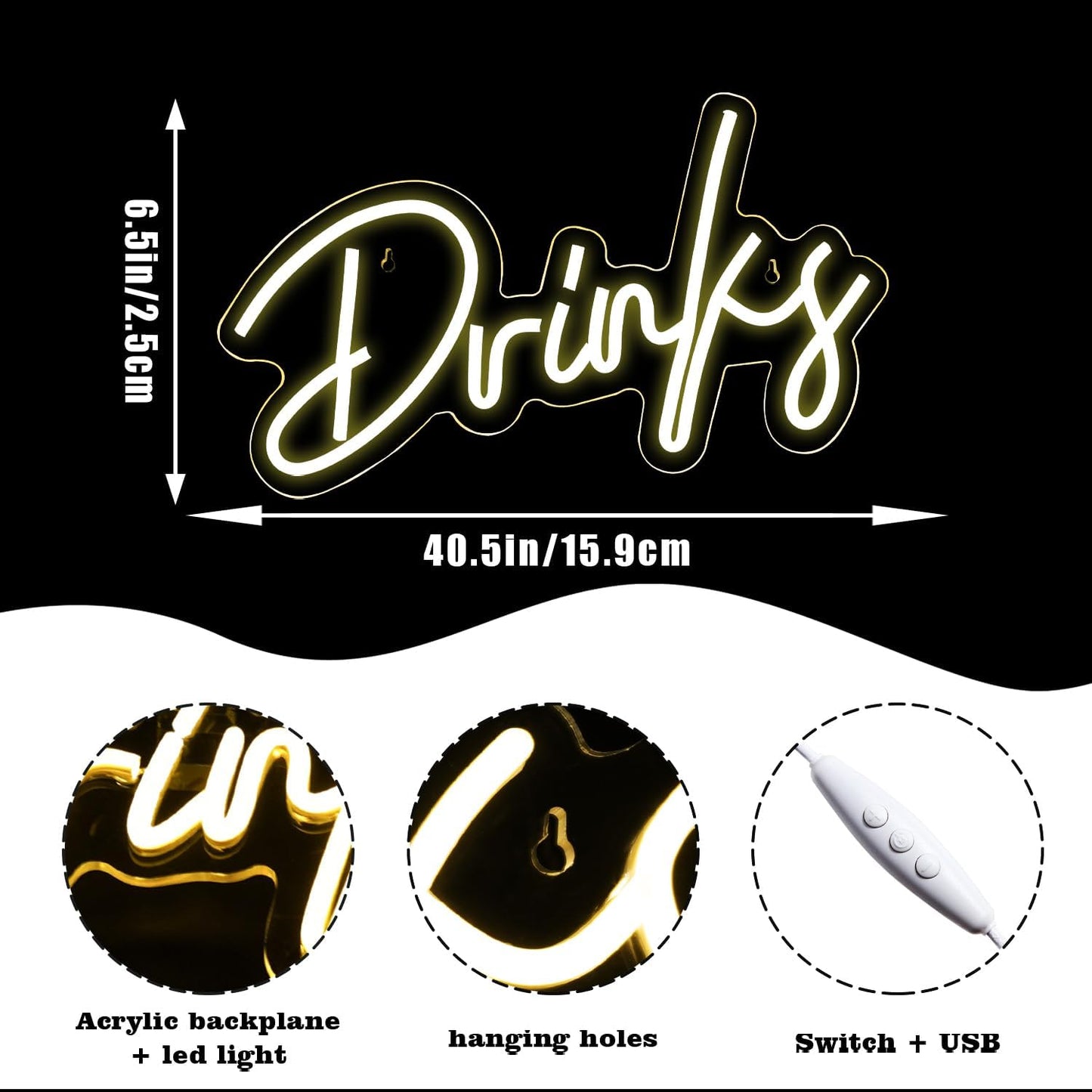 Looklight Drinks Neon Sign,Letters Bar Neon Light,Led Neon Signs for Wall Decor,Warm White Neon Light Sign,USB Light Up Sign for Kitchen Restaurant Bar Cart Accessories Christmas