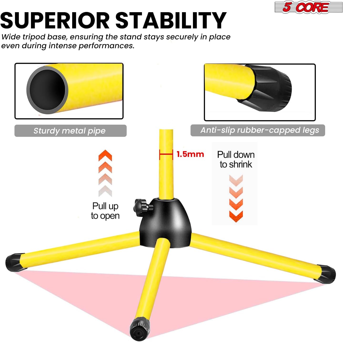 5 Core Tripod Mic Stand Floor Adjustable 18 to 72 Inches Sturdy Boom Arm Holder Microphone Stands Pedestal Para Microfono for Singing - MS 080 YLW