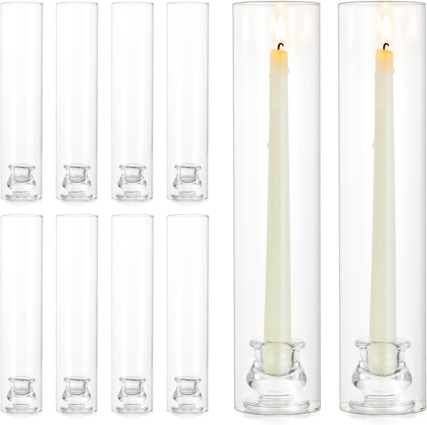 NUPTIO Candlestick Holder Bulk for Centerpiece: Set of 10 Hurricane Glass Taper Candles Holder - Clear Candle Stick Stand with Tall Cylinder Shade for Fall Thanksgiving Christmas Party Decor