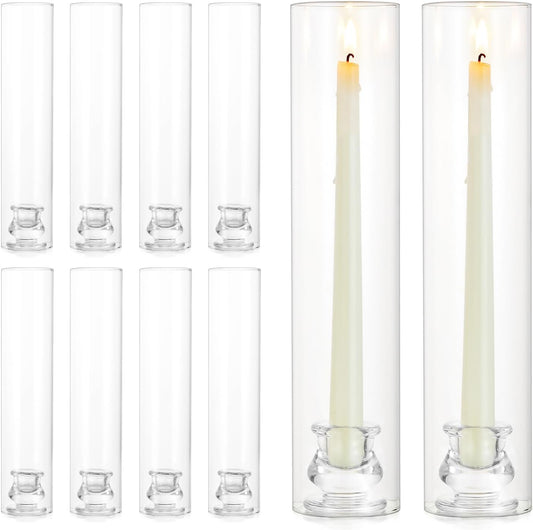 NUPTIO Candlestick Holder Bulk for Centerpiece: Set of 10 Hurricane Glass Taper Candles Holder - Clear Candle Stick Stand with Tall Cylinder Shade for Fall Thanksgiving Christmas Party Decor