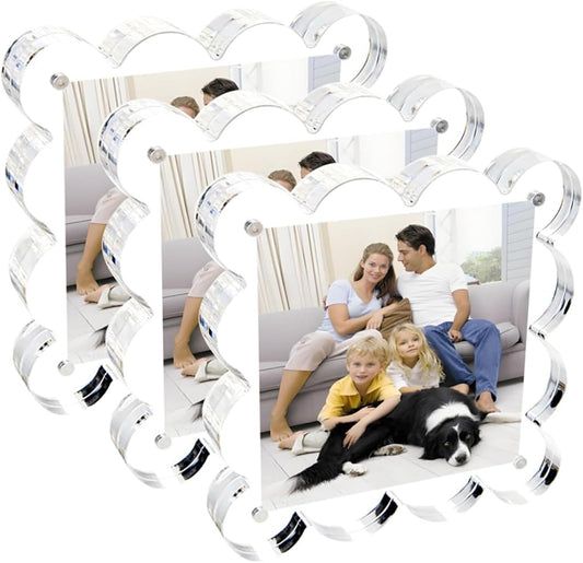 3 Pack 4x4 Inch Magnetic Acrylic Picture Frame,10+10mm Thick Block,Double Sided Clear scalloped frames for Desktop Display | Trendy Home Gift ((3 Pack), 4X4)
