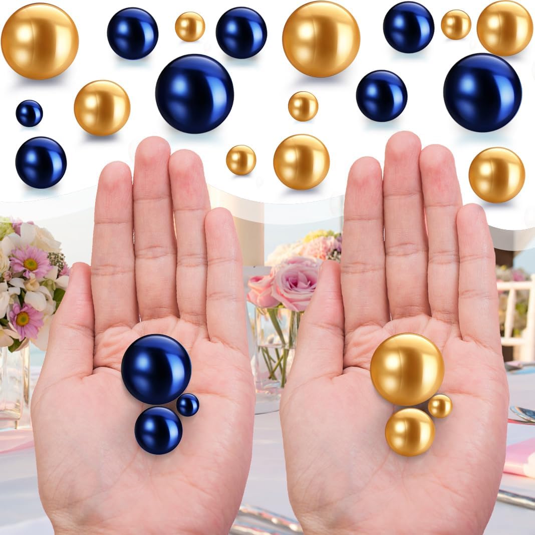 150Pcs Navy Blue&Gold Polished No Hole Faux Pearl Beads for Vase Filling Decorations, Plastic Pearls Vase Fillers, Table Scatters, Wedding Centerpiece, Home Decor, 8/14/20 mm