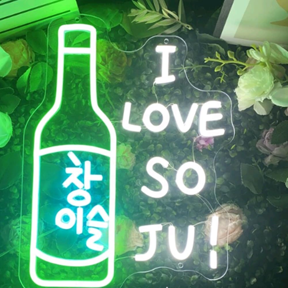 I Love Soju Neon Sign Custom Neon Sign Korean Led Light Korean Bar Restuarant Signage Wall Decor Neon Art Personalized Gift for Soju Lover USB Size:20inches