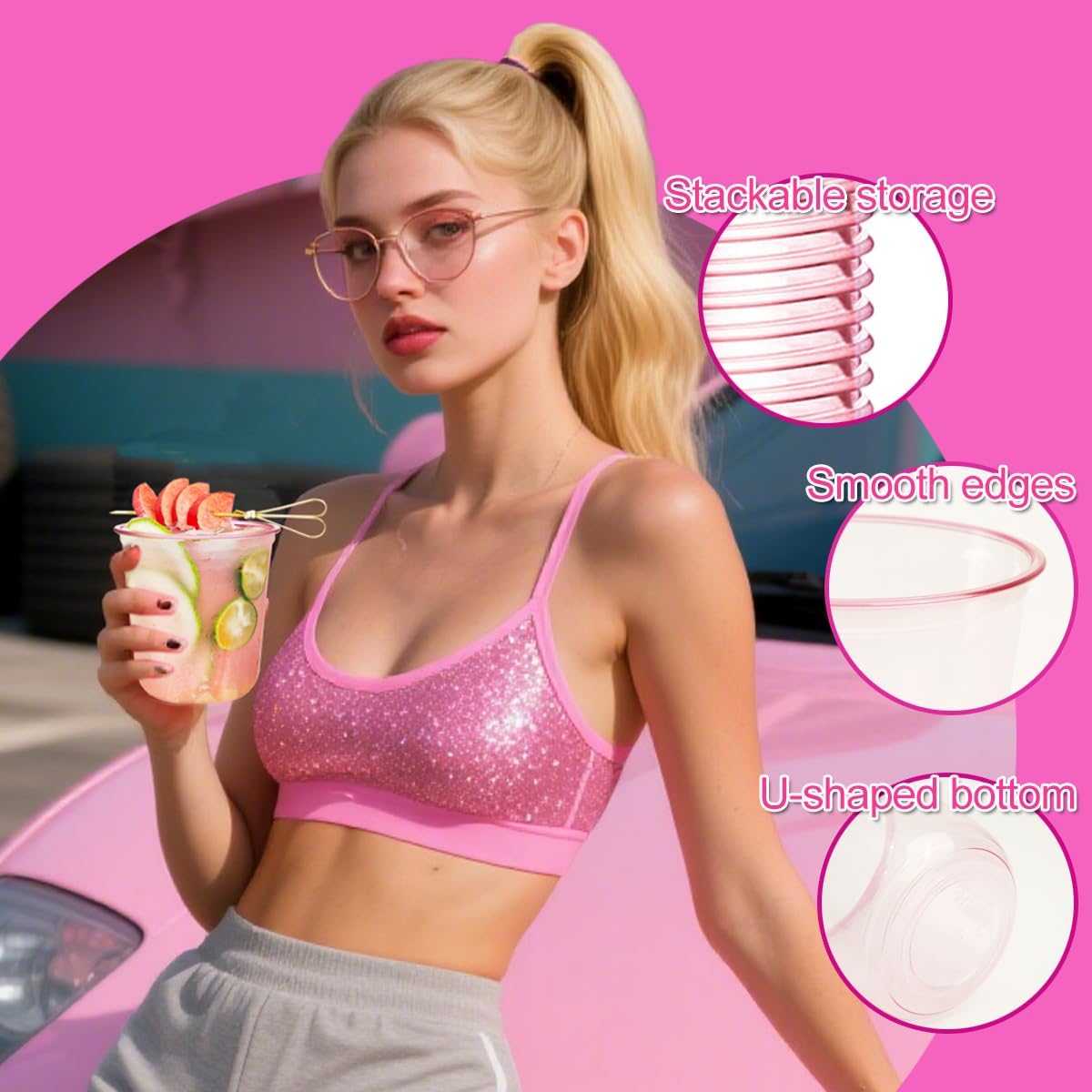 50Pcs Disposable Plastic Stemless Glasses,12oz Plastic Drinking Cups Wine Glasses for Cocktail Martini Party Cups for Birthday,Wedding,Meeting,Valentines,Christmas Holiday Party (50, Pink)