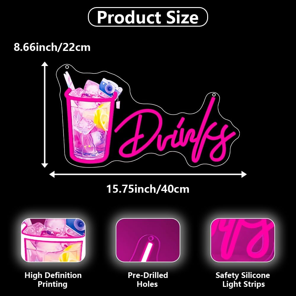 Drinks Neon Signs for Wall Decor,Cool Cocktail Glass LED Sign Art Wall Lights,Lemonade Drinks Neon Signs for Beer Bar Decor,Pub Party,Night Club,Man Cave,Business,Shop