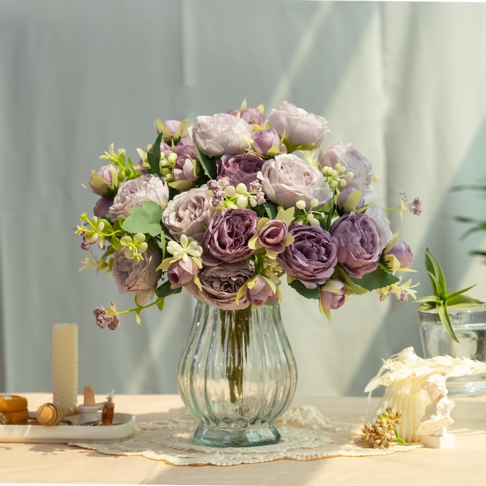 Artificial Peonies Silk Flowers in Glass Vase Faux Flowers Bouquets Modern Penoy Arrangement 4 Pack for Home Decoration Table Centerpiece (Purple)