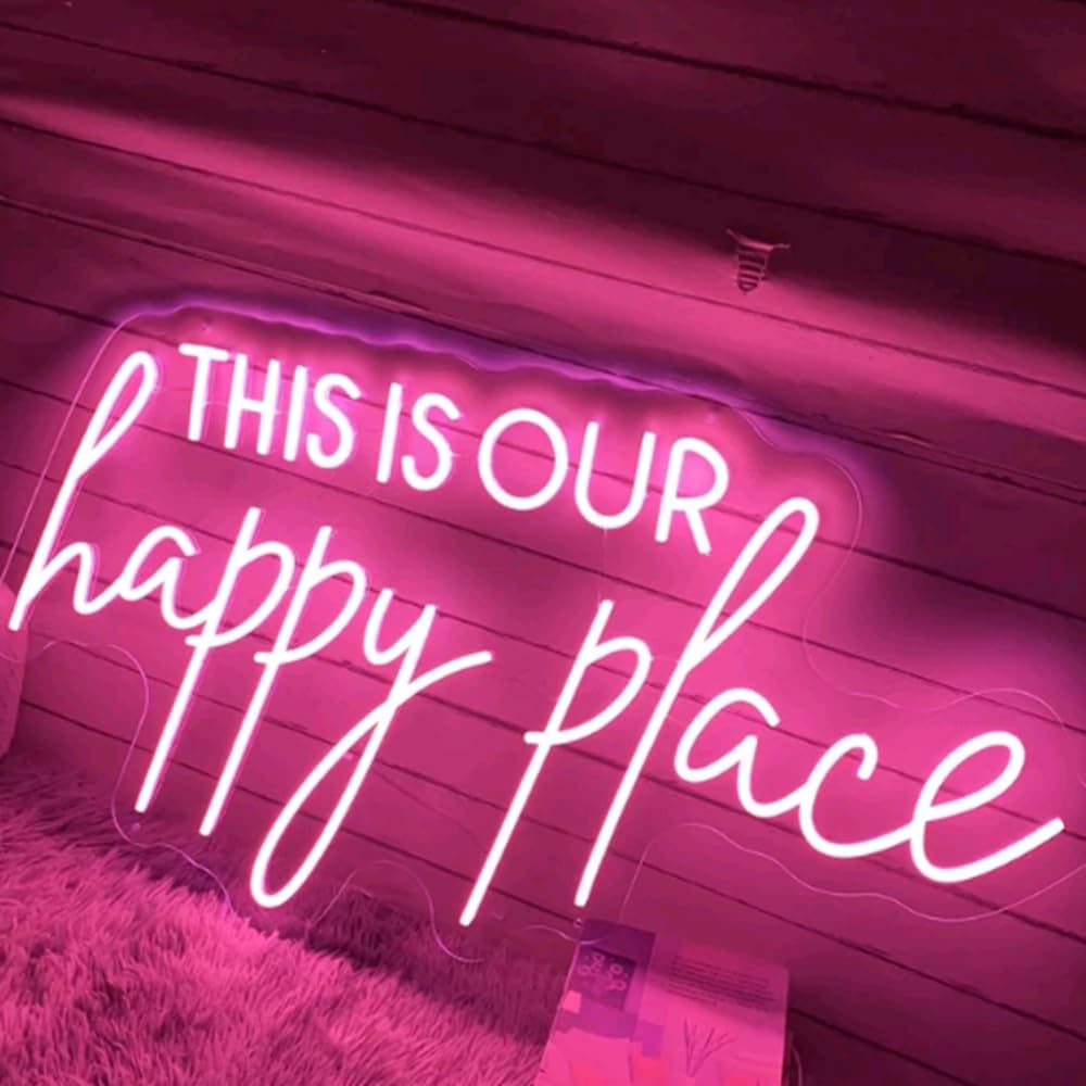 This Is Our Happy Place Neon Sign, Custom Bedroom LED Neon Light Home Bedroom Salon Wall Decor Personalized Gift Wedding Party Decoration USB Size:20x11inch