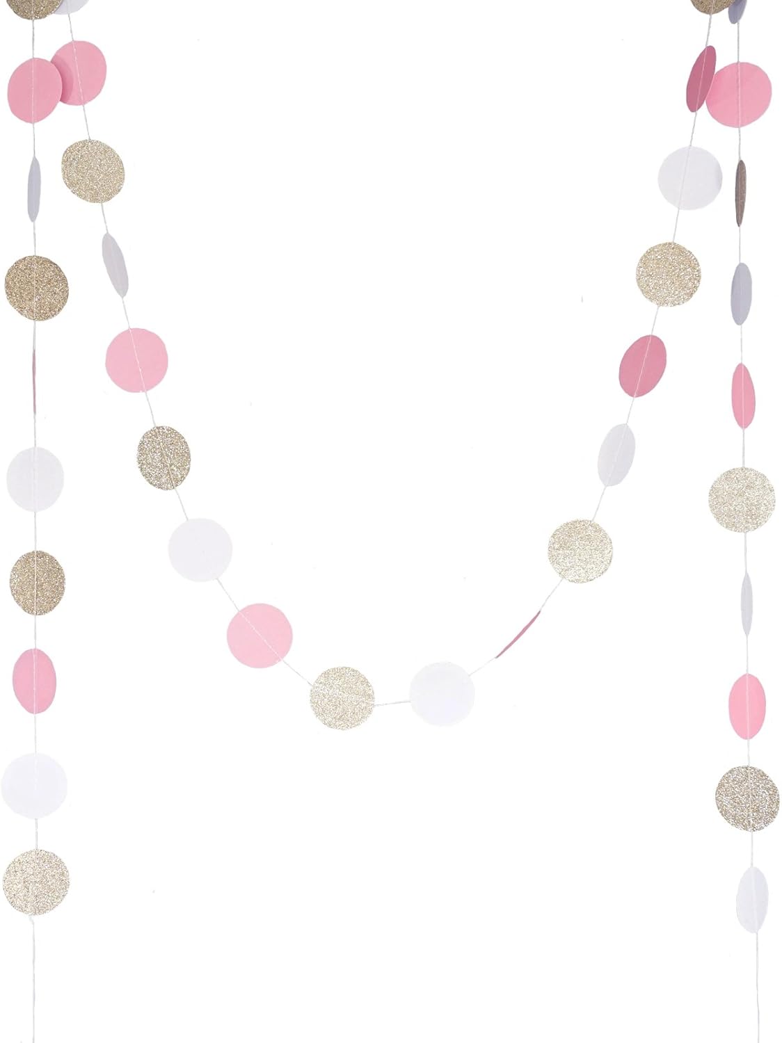 Chloe Elizabeth Circle Dots Paper Party Garland Streamer Backdrop (10-Pack, 10 Feet Per Garland, 100 Feet Total) - Pink, White, Gold Glitter