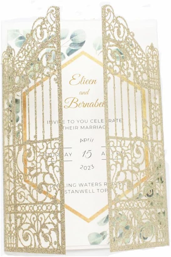 MillaSaw Glittery Gold Gate Laser Cut Invitation Card For Wedding Engagement Bridal Shower Quinceanera 25Pcs (4.9"x7.1", Gold)
