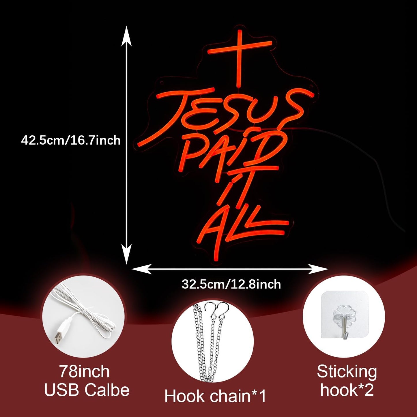 Jesus Paid It All Neon Sign Red Cross Neon Light for Wall Decor Dimmable Jesus Cross LED Light Up Sign for Christian Church Christams Home Wedding Decor Birthday Gifts(16.7 * 12.8In)