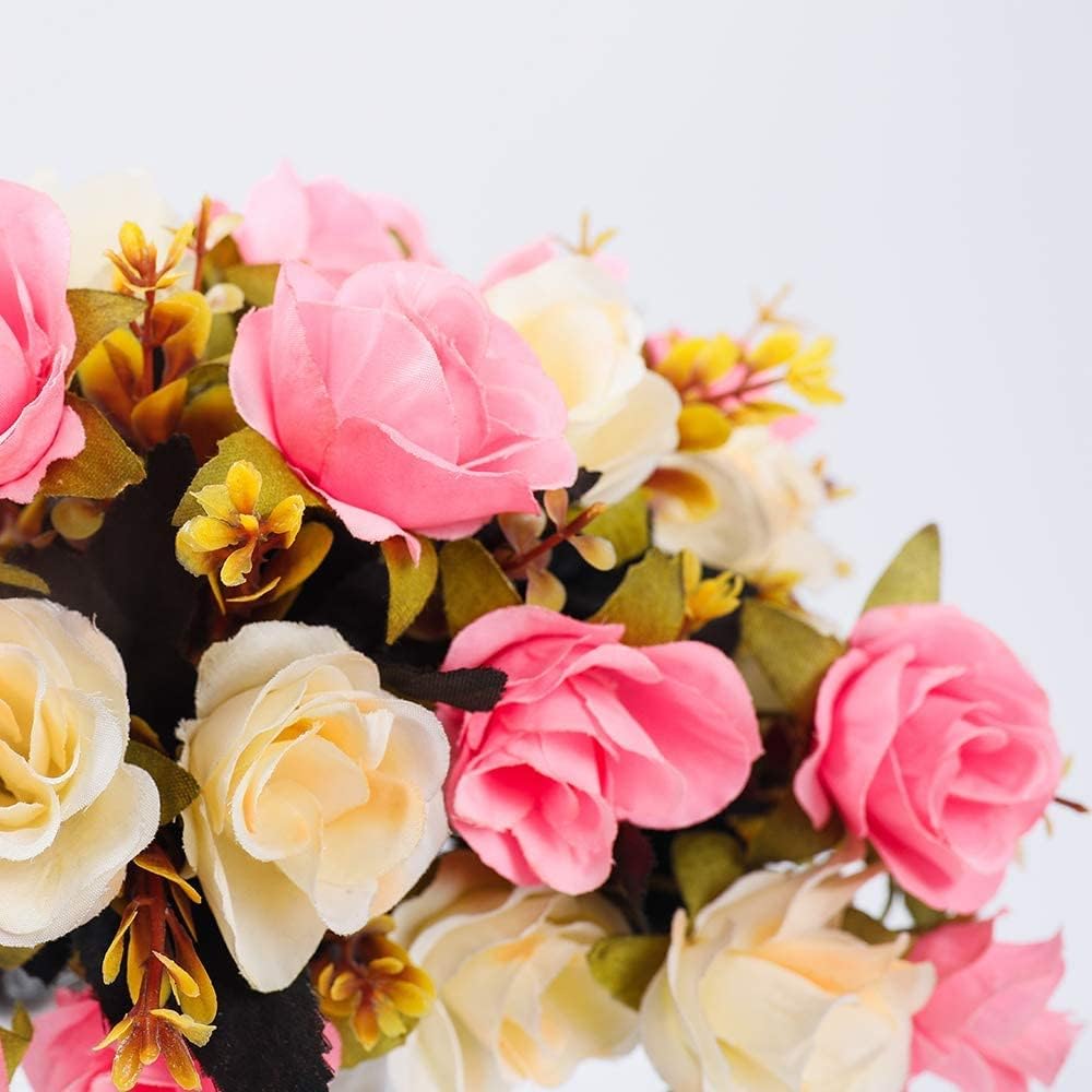 LESING Artificial Fake Flowers with Vase Silk Artificial Roses Wedding Flowers Bouquets Home Office Party Meeting Room Decoration (Pink-1)