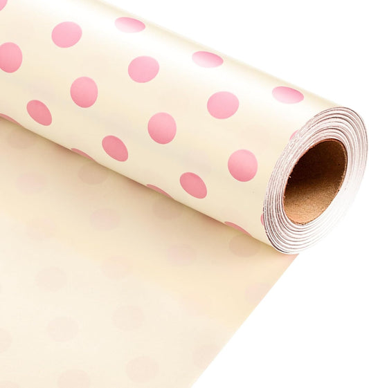 Burymento Pink and Beige Dots Wrapping Paper, Reversible Pink Gift Wrap for Birthday, Valentines, Mothers day, Graduation, Wedding, Fathers day, Baby Shower, Christmas (17in x 32.8ft)