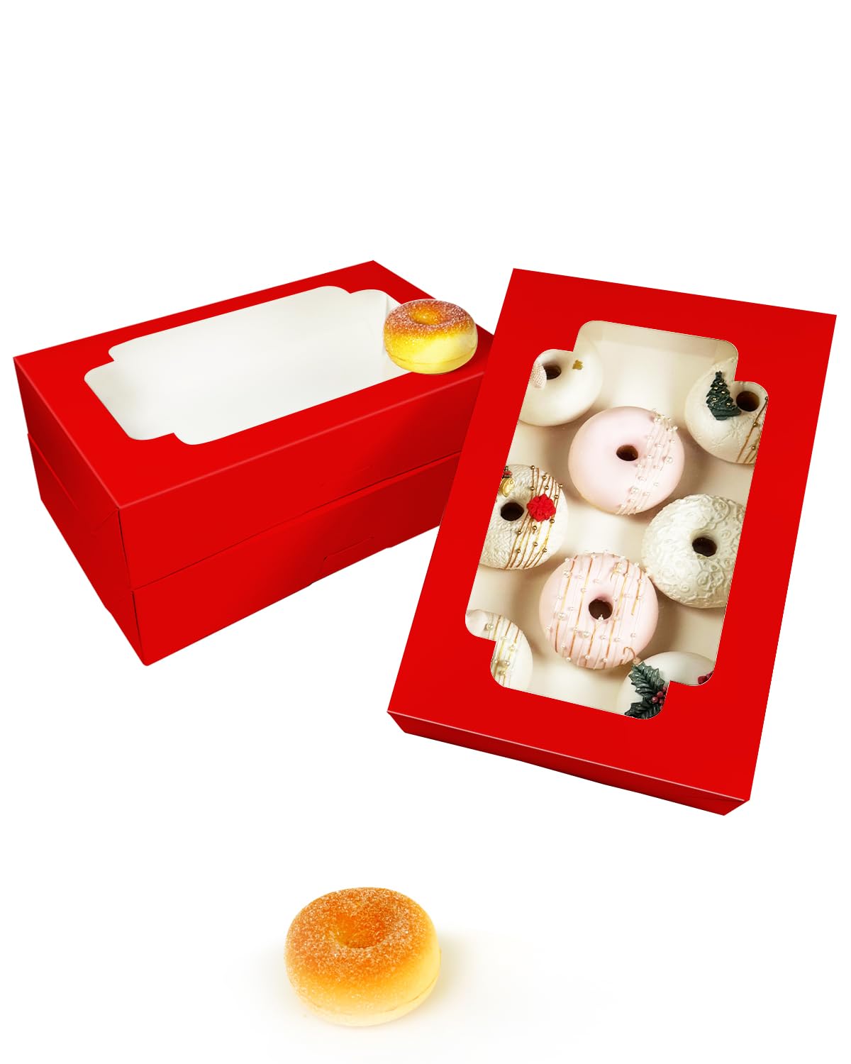 qiqee Auto-pop up Red Cookie Box with Window 12x8x2.5 inch 32 Packs Two Uses One Second Folding Pastry Biscuit Bakery Box for Packaging