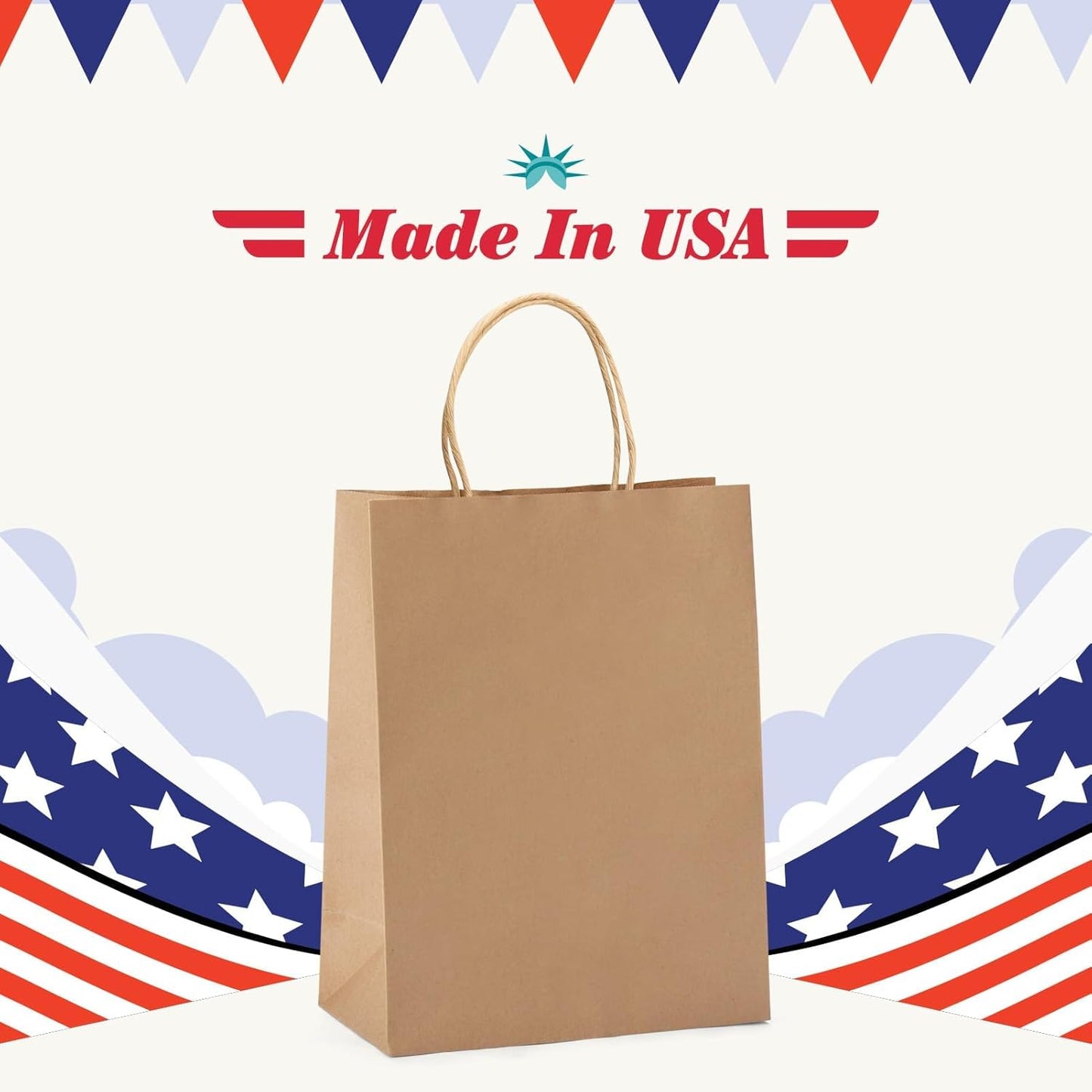 GSSUSA 100 Pack 8x4.25x10'' Paper Gift Bags with Handles Bulk, Brown Kraft Bags for Small Business, Sturdy Retail Shopping, Birthday Wedding Party Favor Craft Bag(Made in USA)