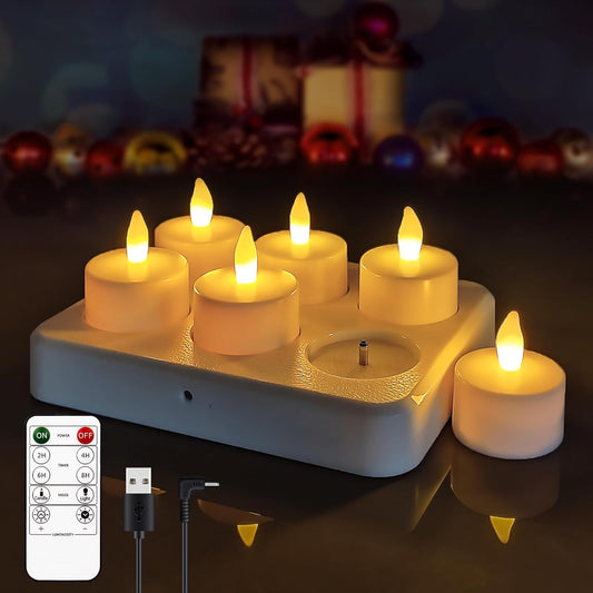 Rechargeable Tea Lights,Flameless LED Candles with Remote Timer,Battery Operated Tea Lights Flickering Votive Candle,for Home Restaurant,Holiday Party (6 Pack)