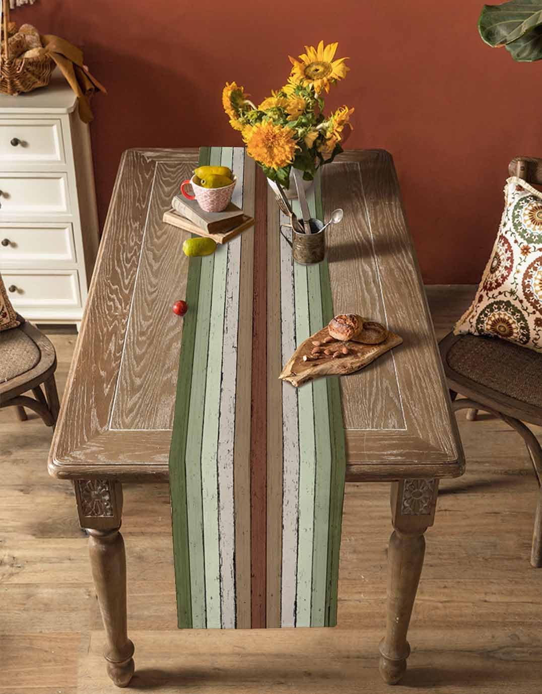 Sage Green Wooden Cotton Linen Table Runner for Dining Kitchen, Wedding Outdoor Party Tablerunners Decoration, Vintage Country Retro Distressed Grain Dresser Scarf Coffee Tablecloth Runners 13''x90''