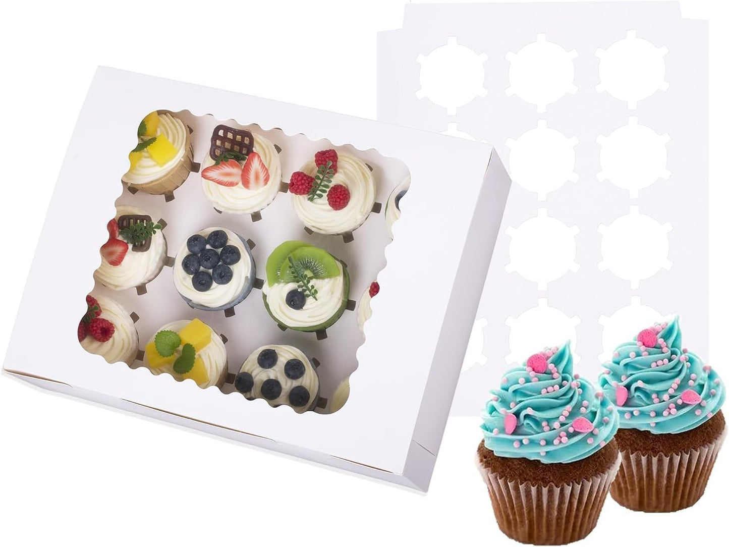 2-Set Cupcake Boxes Hold 12 Standard Cupcakes, Food Grade Cupcake Holders Bakery Carrier Boxes with Windows and Inserts for Cupcakes, Muffins and Pastries (White-2 Pack)