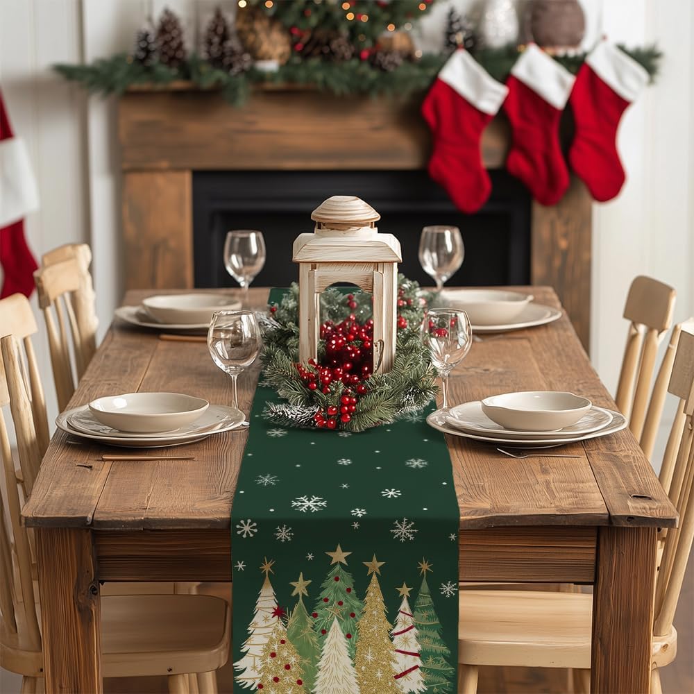 GEEORY Christmas Table Runner 13x90 Inch, Xmas Trees Snowflakes Holiday Decorative Farmhouse Table Decoration for Kitchen Dinning, Indoor Outdoor Dinner Party Decor (Green) GT152-90
