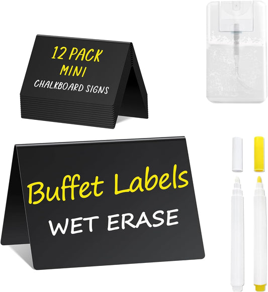 PigPotParty 4"x3" Mini Chalkboard Signs for Food, 12 Pcs Food Signs for Party Buffet, Small Chalk Board Food Labels, Table Place Cards, Wedding - Bakery - Birthday, Includes 2 Wet Erase Markers