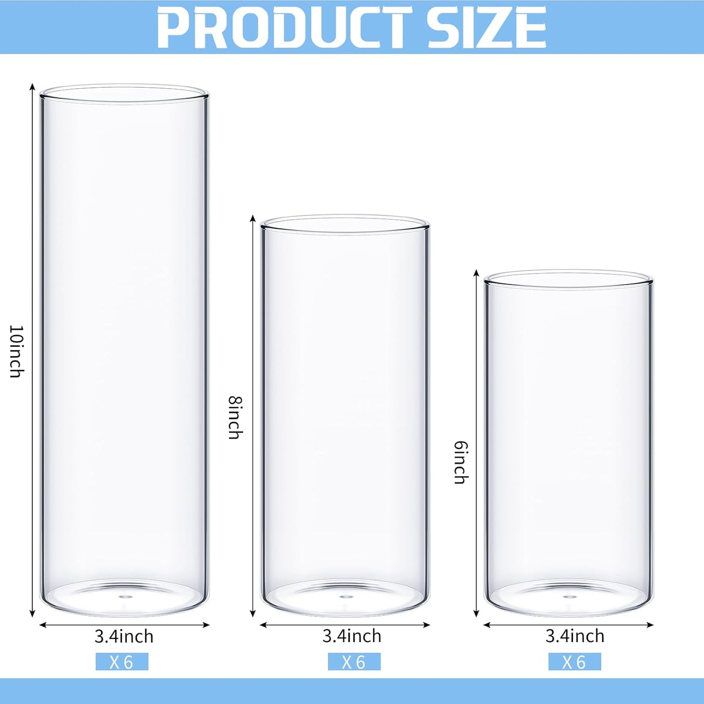 Thin Glass Cylinder Vases 2.5''/3.3'' Diameter 2mm Wall Thickness Clear Flowers Vase Hurricane Floating Candles Holders for Table Centerpieces Wedding Decor(3.3'' X 5.9'',7.9'',9.8'',18 Pcs)