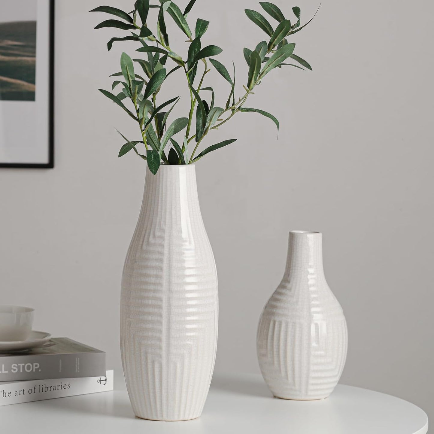 hjn hjn White Vase -Ceramic Vase for Home Decor, Modern Decor Vases for Living Room/Bookshelf/Mantel/Home Decor Accents -13.8" H