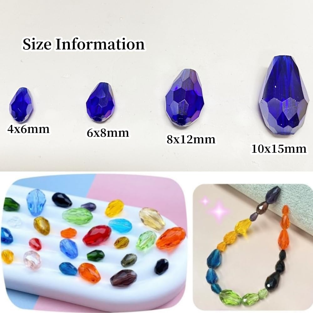 130pcs 6x8mm Teardrop Crystal Glass Beads Vertical Hole Faceted Glass Teardrop Spacer Beads for Bracelets Necklace Earring DIY Jewelry Making Craft(Sapphire Blue AB)
