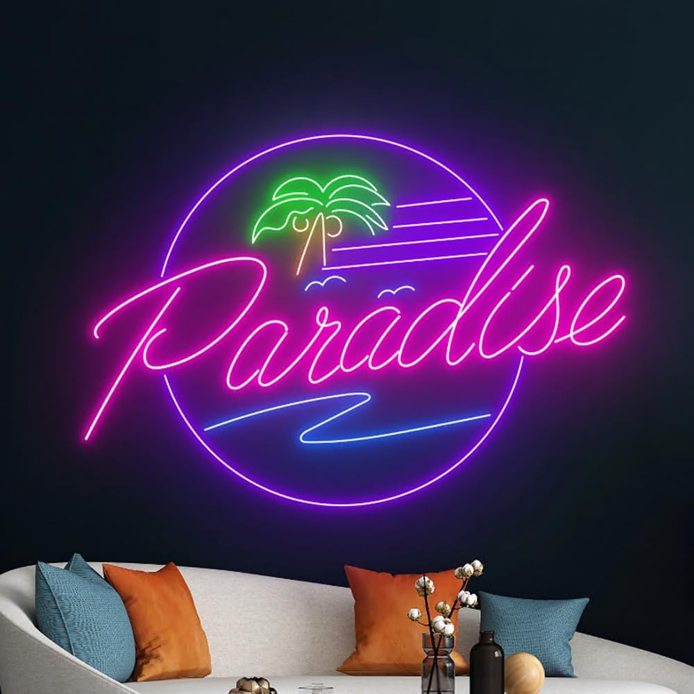 Paradise Ocean Waves Palm Tree Neon Sign, Beach Led Sign, Holiday Led Light, Tropical Island Led Sign, Pool Party Room Wall Decor, Best Gift Size:16inches
