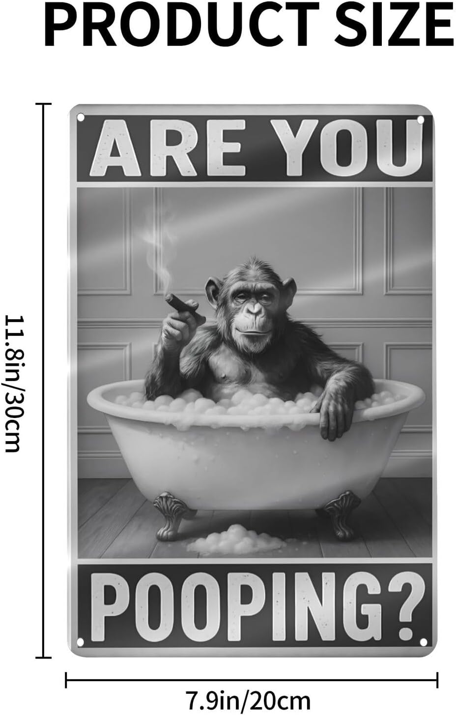 Bathroom Decor Wall Art – Funny Chimpanzee in Bathtub Tin Sign, 8x12 Inch Black and White Vintage Metal Wall Art, Humorous Animal Bathroom Sign for Restroom or Farmhouse (Sign-030)