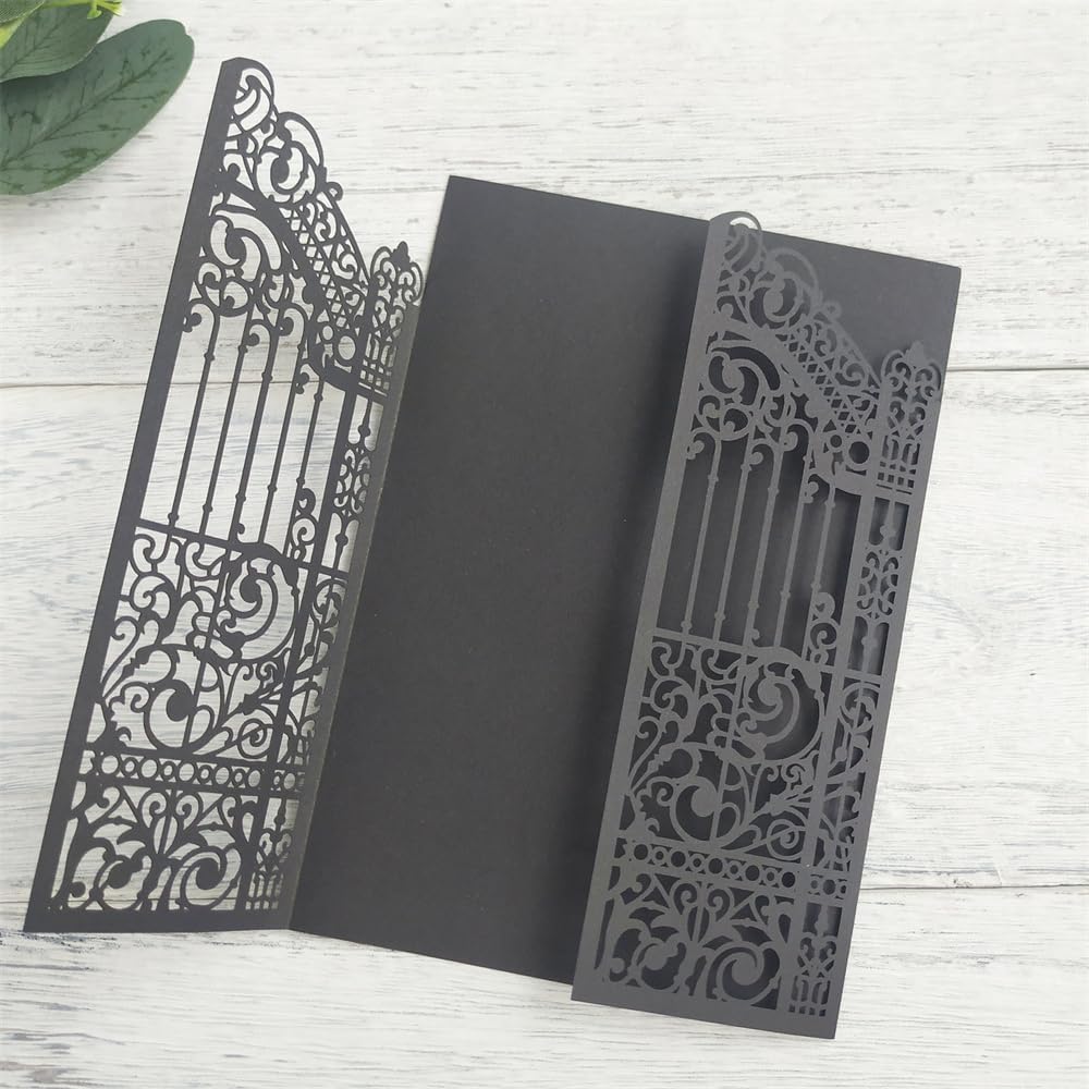 Black Gate Invitation Castle Laser Cut Card For Wedding Engagement Mermaid Birthday Party 25 Sets (black, 4.9"x7.1")