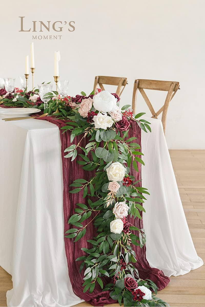 Ling's Moment Flower Garland - 6FT Eucalyptus & Rose - Sweetheart Table Decor for Wedding Reception, Artificial Floral Garland for Mantle, Thanksgiving, Christmas Decoration, Marsala