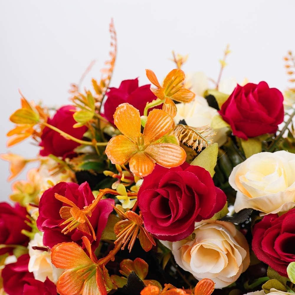 LESING Artificial Fake Flowers with Vase Silk Artificial Roses Wedding Flowers Bouquets Home Office Party Meeting Room Decoration (Red-1)