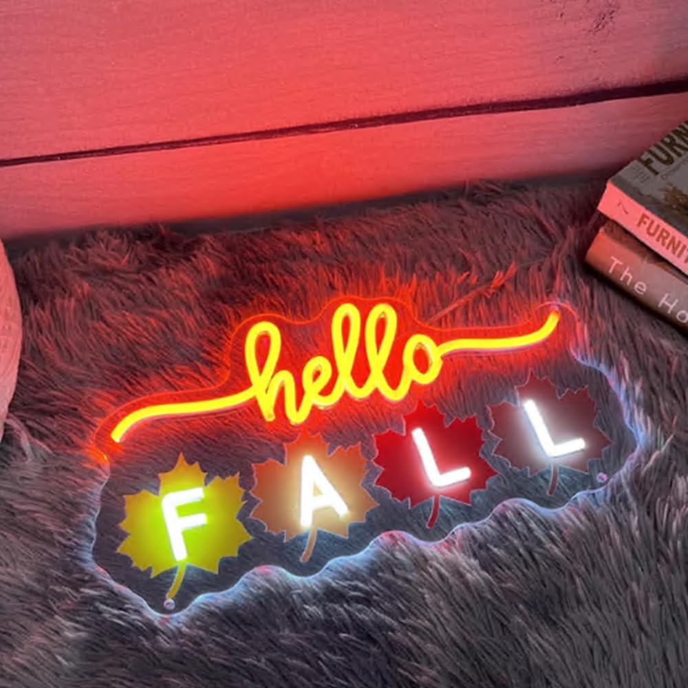 Hello Fall Leaves LED Neon Sign, Fall Home Bedroom Decor Neon Light UV Printing Autumn Party Garden Sign Thanksgiving Door Wall Décor Size:18x 9inches