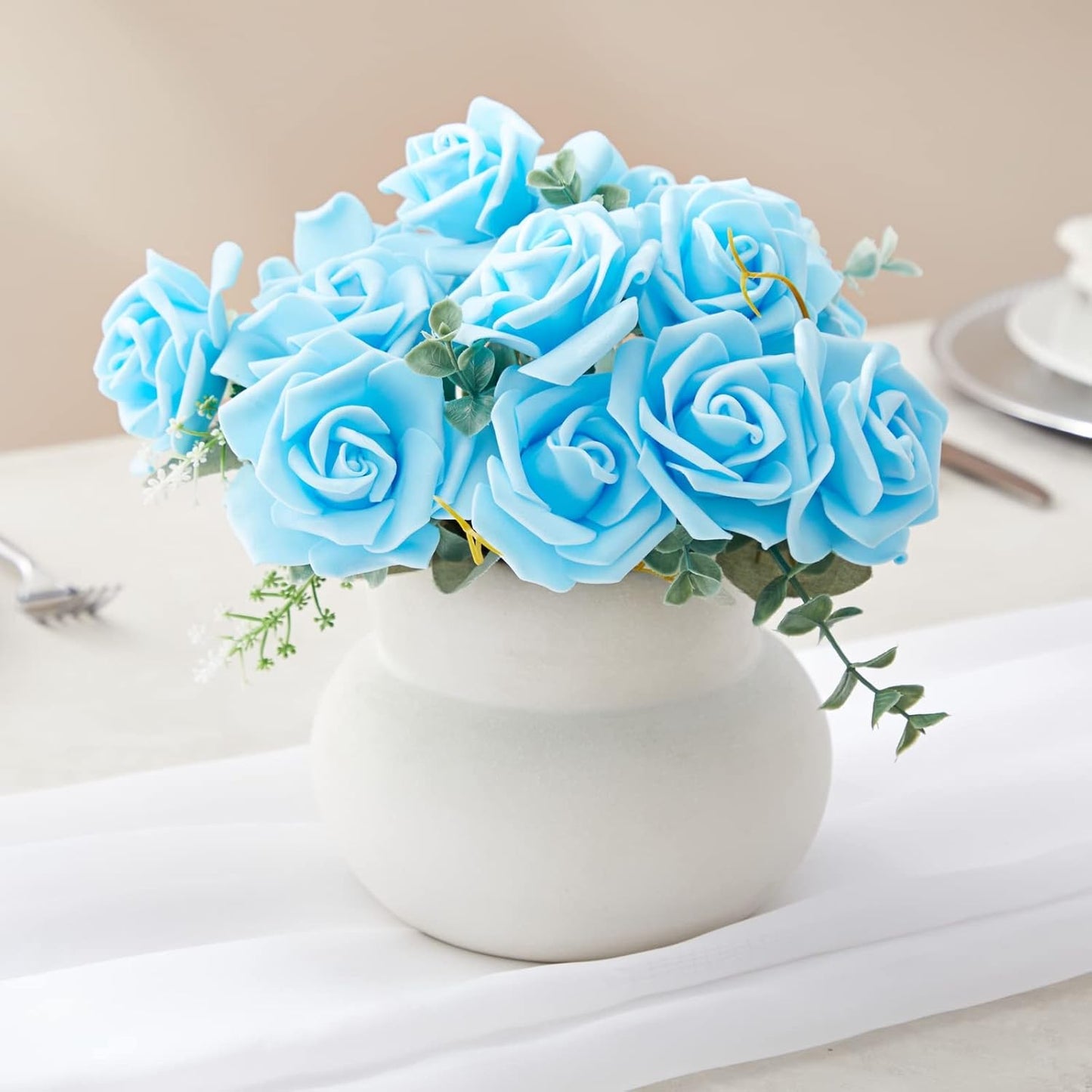 Juvale Faux Flowers for Wedding Decor - 100 Pack, 3-Inch Heads - Blue Silk Flowers - Artificial Roses for Centerpiece Table Decorations & Vase Filler