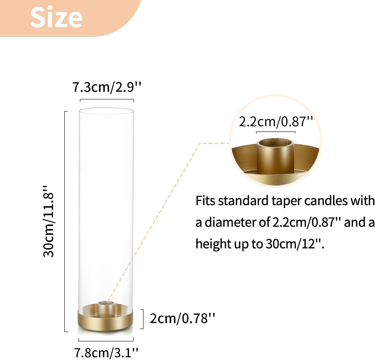 NUPTIO Gold Taper Candle Holders: 2 Pcs Hurricane Metal Candlestick Holder Stand with 11.81 inch Tall Clear Glass Open Ended Cylinder Covers for Tapered Candles Wedding Party Centerpieces for Tables