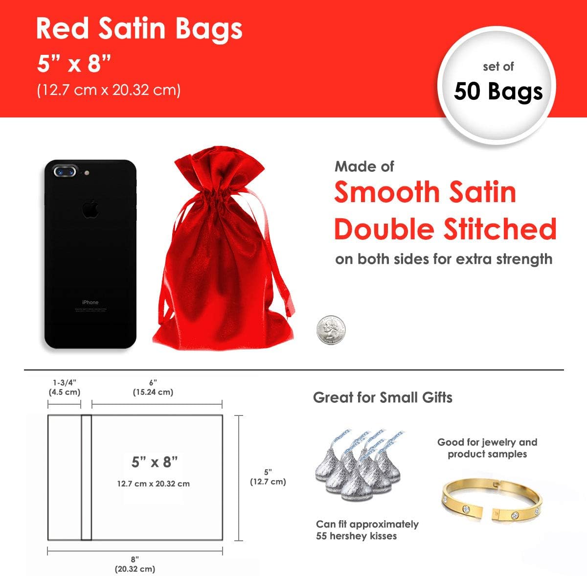 Red Satin Gift Bags - Jewelry, Wedding Favor, Baby Shower & Bags - 50 Pack (5" x 8")