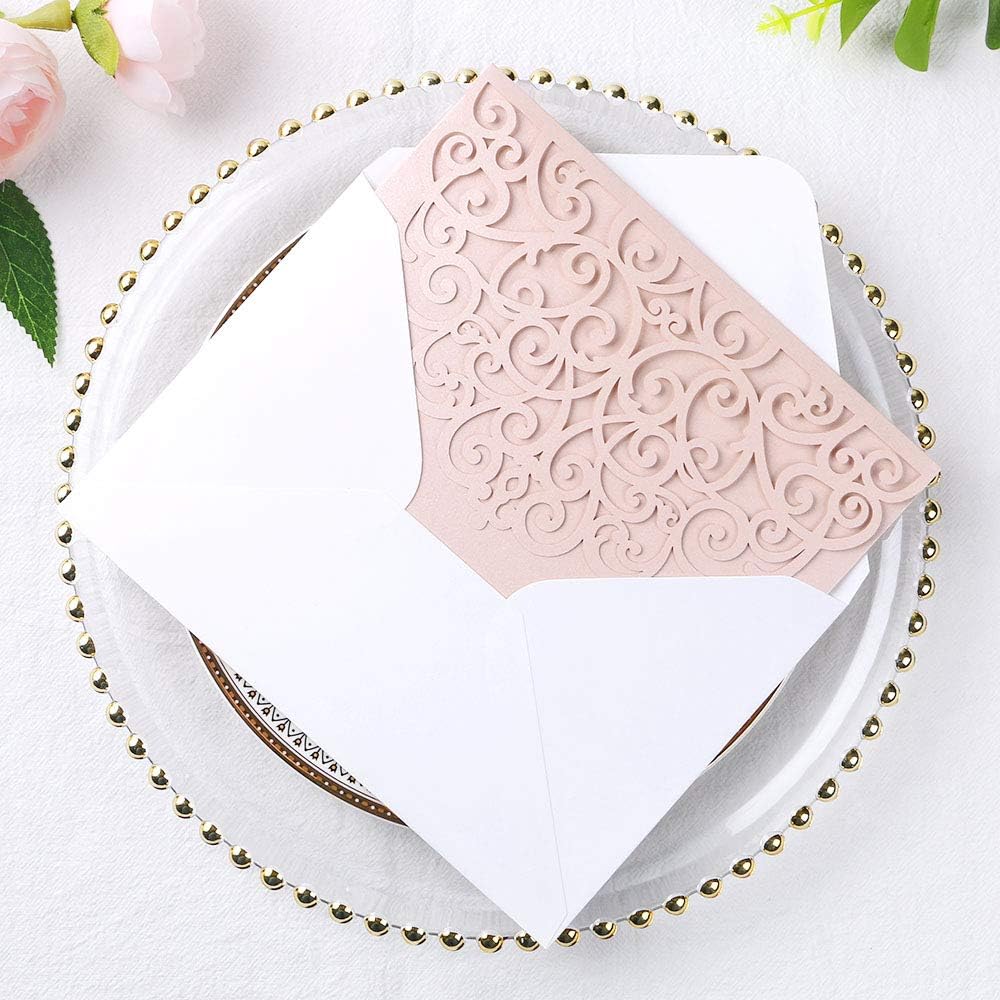 PONATIA 5.12 x 7.2 Inches 20PCS Tri-Fold Laser Cut Wedding Invitation Pocket with Envelopes for Wedding Bridal Shower Engagement Birthday Invite (Blush Pink, 20pcs No Inner Sheet)