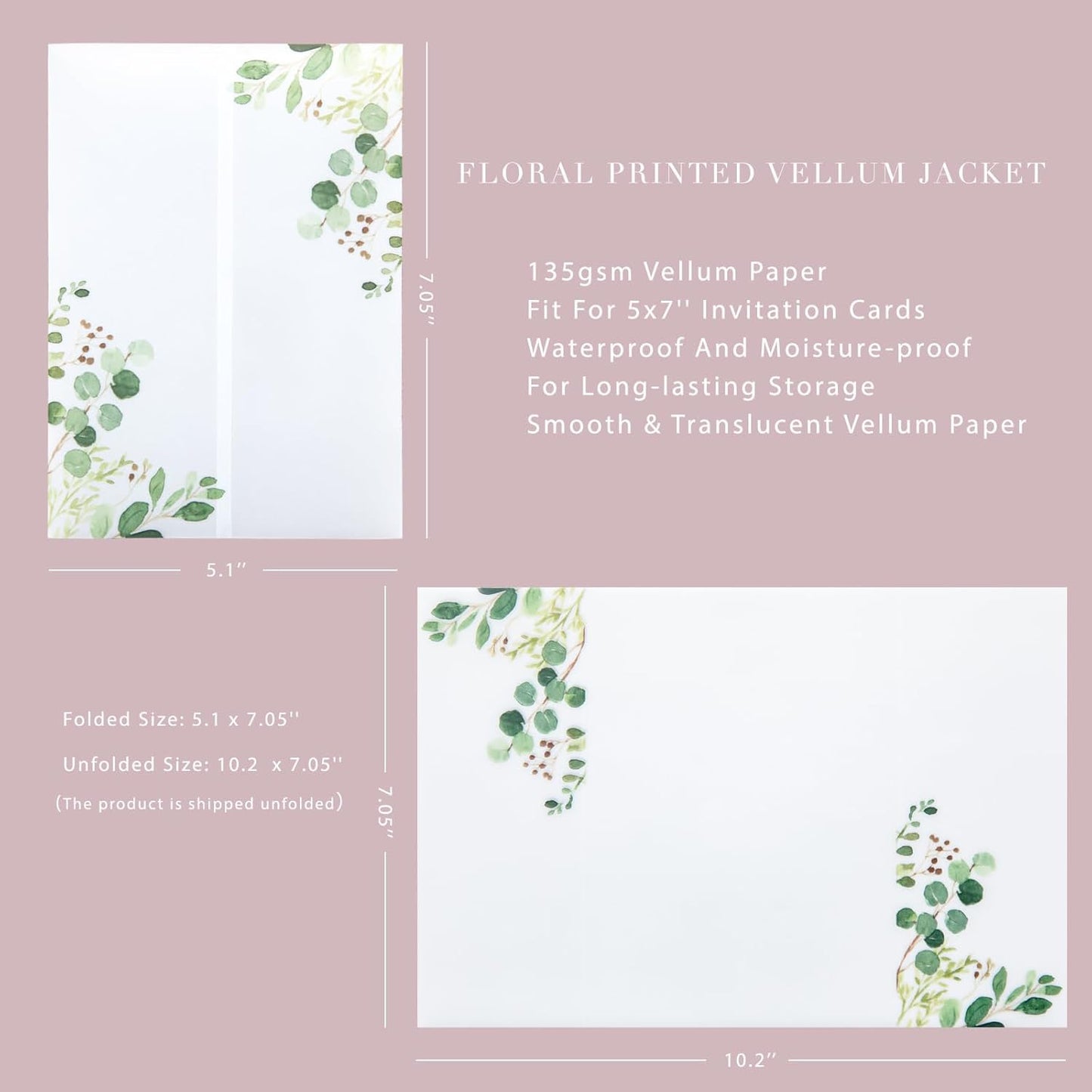 PONATIA 50 PCS Vellum Jackets for 5x7 Invitation Cards- 135GSM Green Eucalyptus Vellum Sleeves, Wedding Invitations Wraps Transparent Christmas Gift Cards Jackets